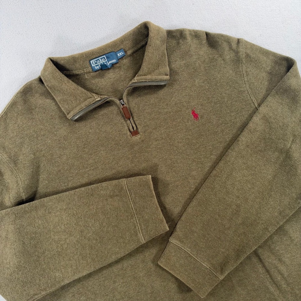 Polo Ralph Lauren Quarter Zip Sweater XXL Olive Green Cotton Red Pony